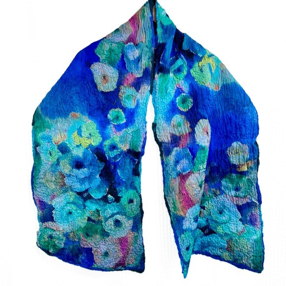 Artisan felted wool and silk scarf in gorgeous blues - 69" x 14"- Reversible - Picture 7 of 7